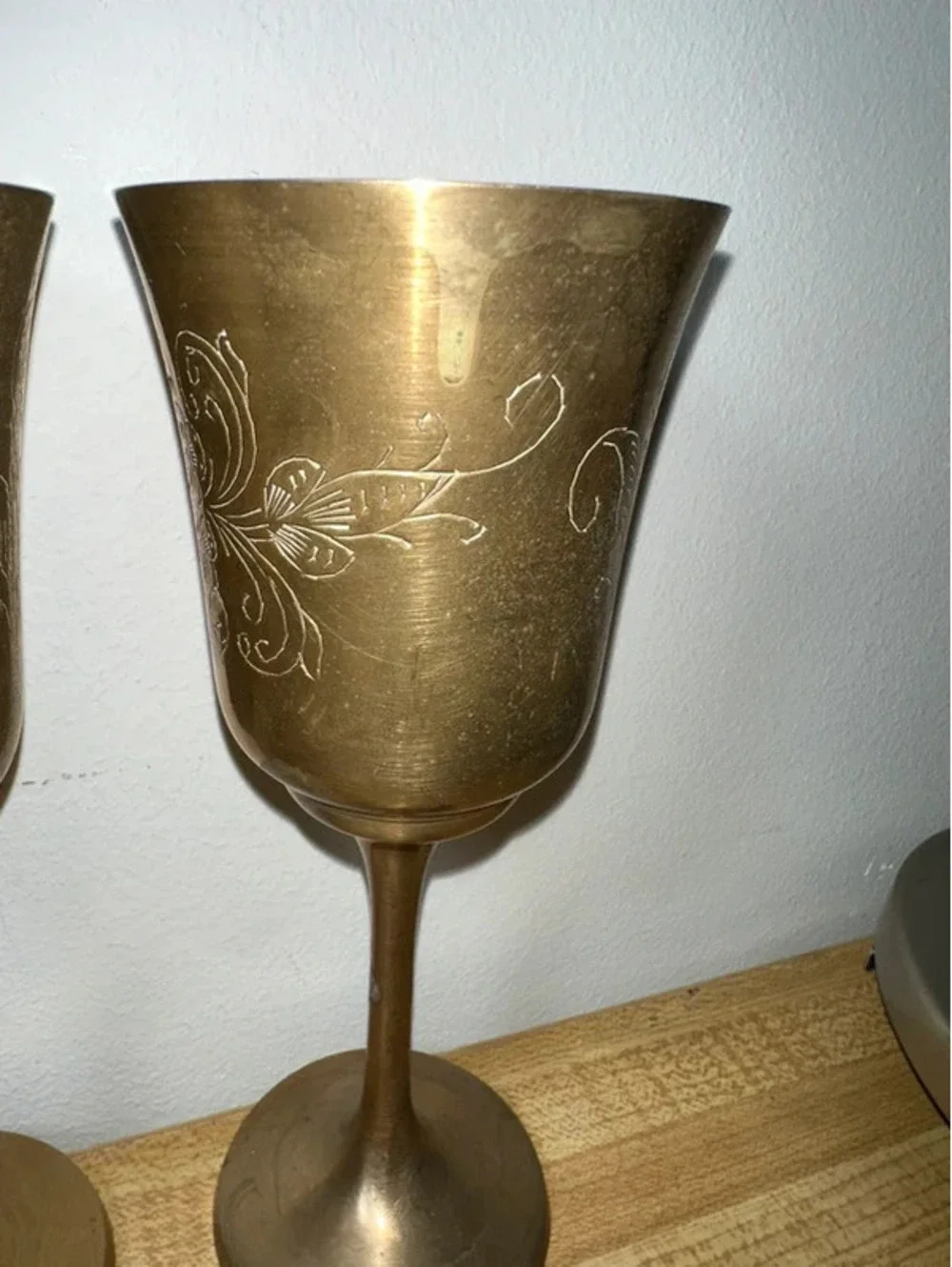 Vintage Etched Brass Wine Goblets/Chalices Set of 4